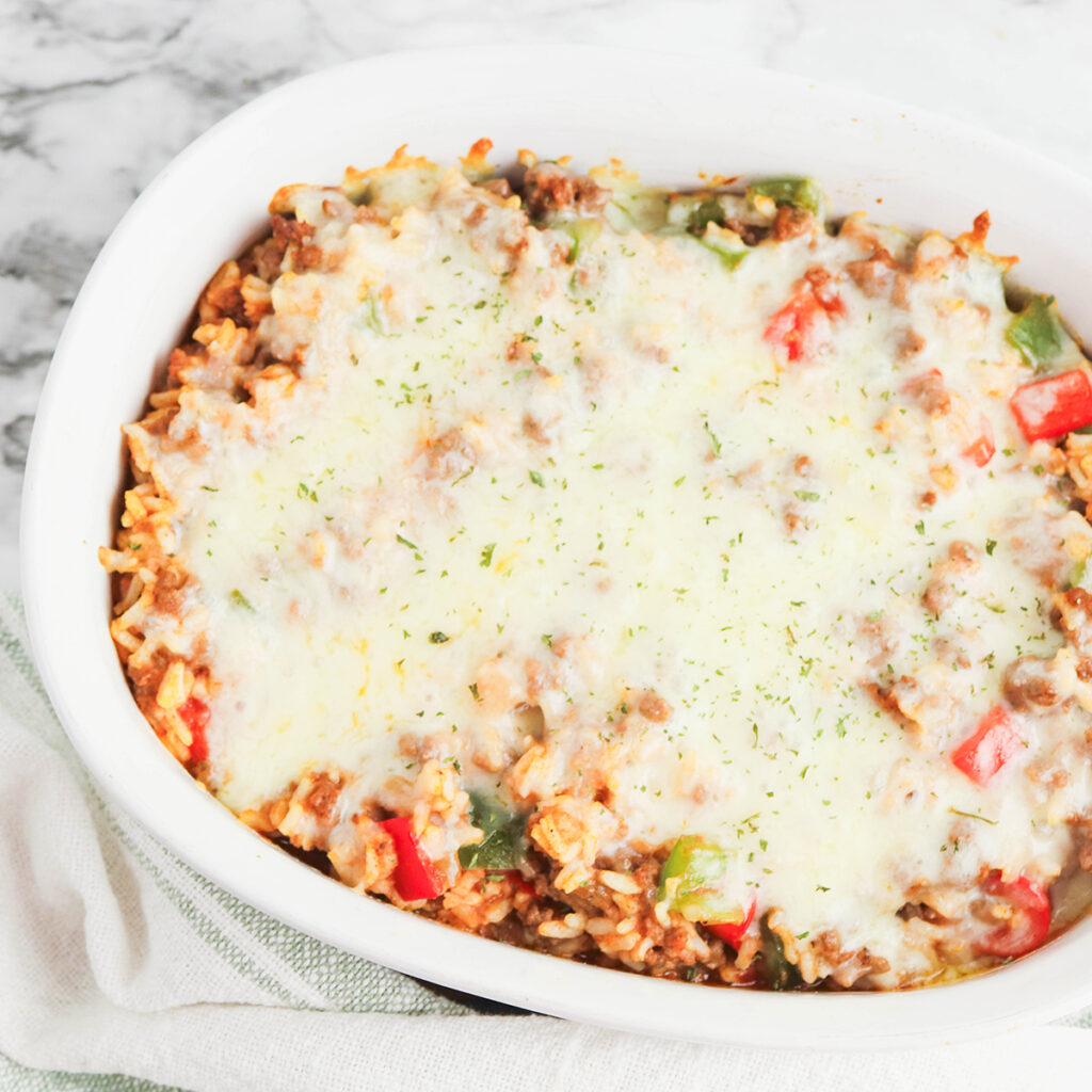 Stuffed Pepper Casserole in white baking dish.