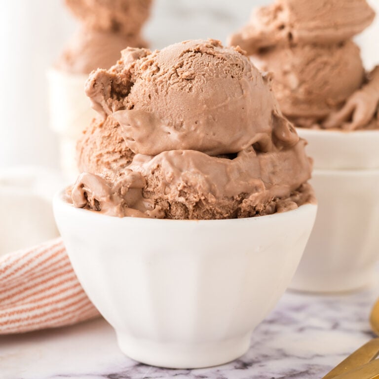 Scoops of Nutella Ice Cream in white dessert bowl.