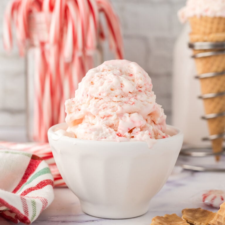 Scoops of Peppermint Ice Cream in dessert bowl.