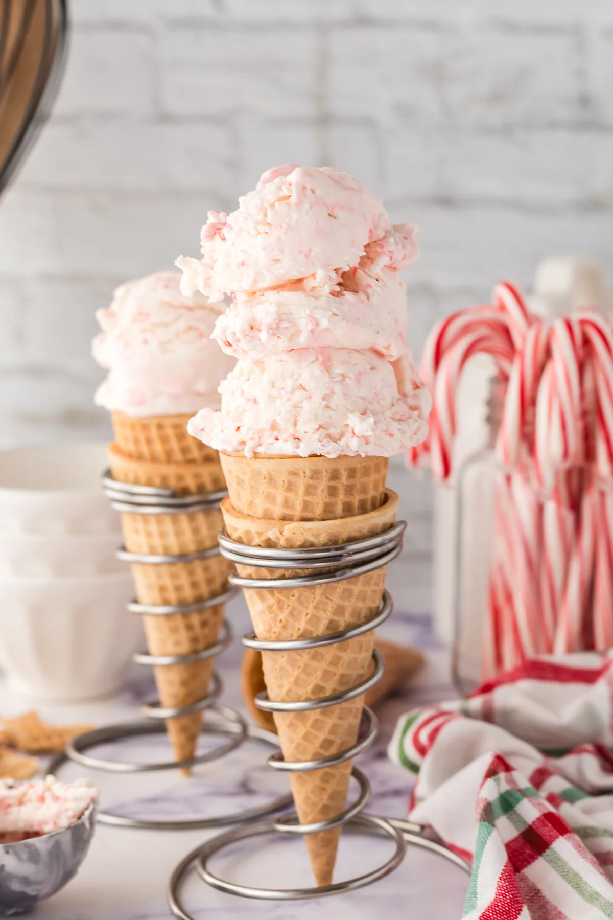Scopes of Peppermint Ice Cream In Sugar Cones.