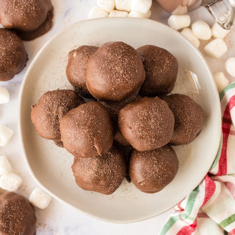 Hot Chocolate Truffles on white serving platter.