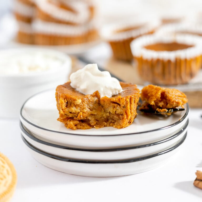 Mini Pumpkin Pie on white plate.