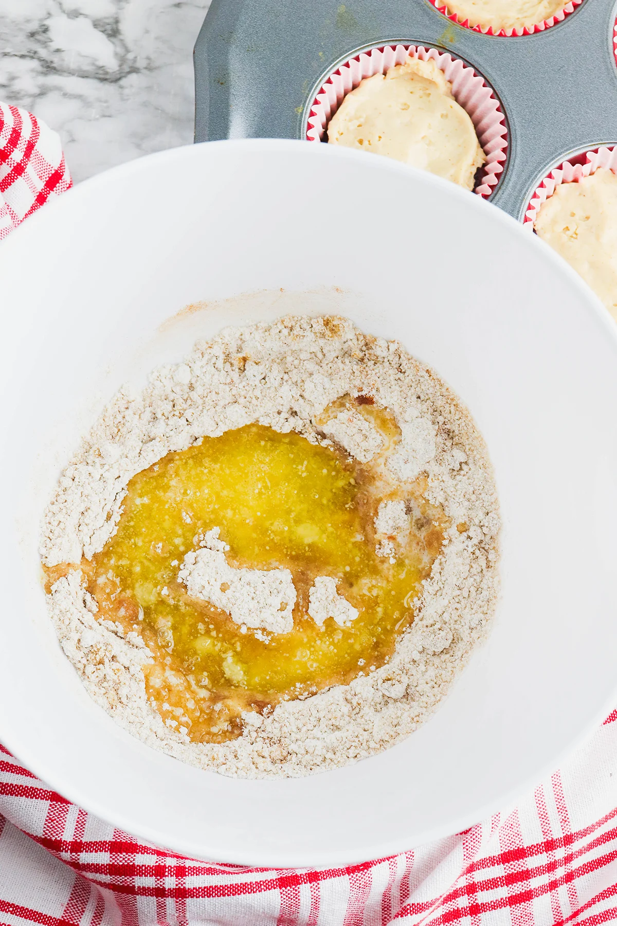 Crumble Topping Ingredients in a mixing bowl.
