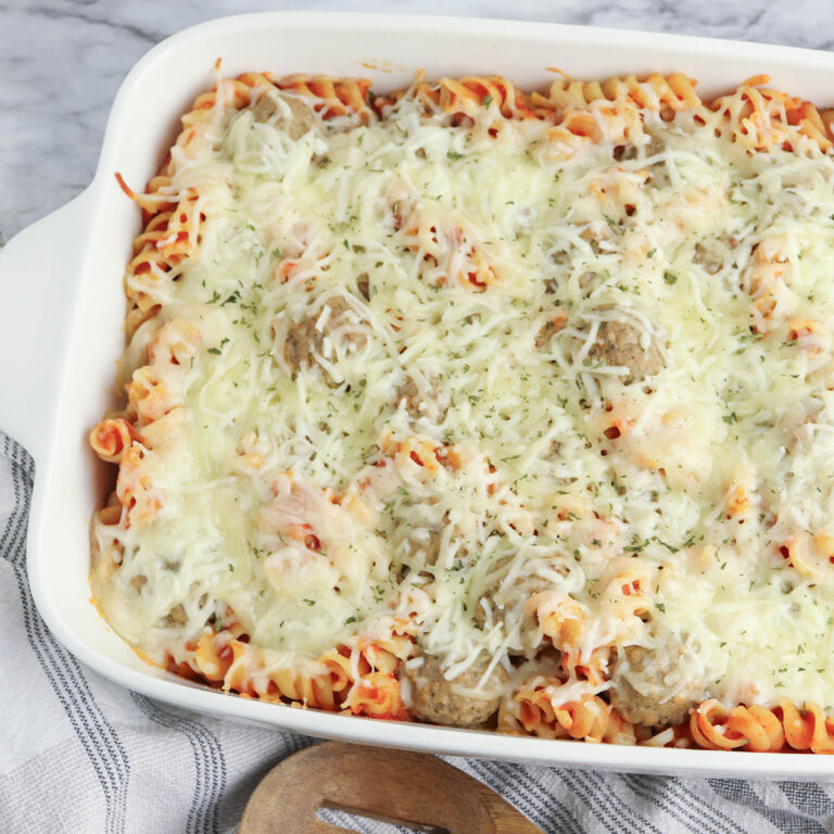 Meatball Casserole in white baking dish.