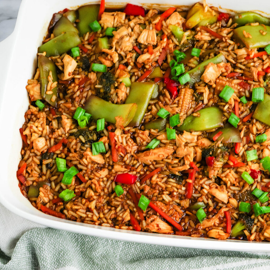 Teriyaki Chicken Casserole in a baking dish.