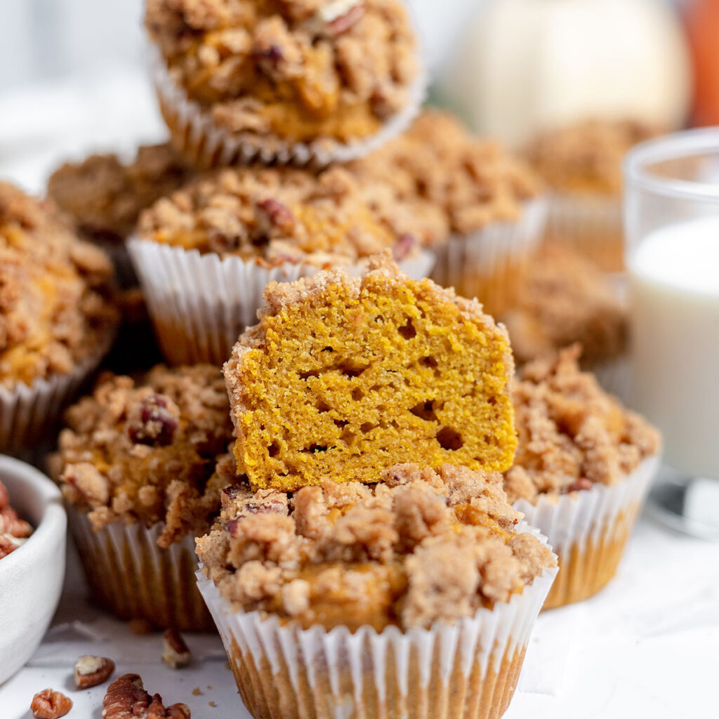 Pumpkin Streusel Muffins on counter top.