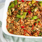 Teriyaki Chicken Casserole in white baking dish.
