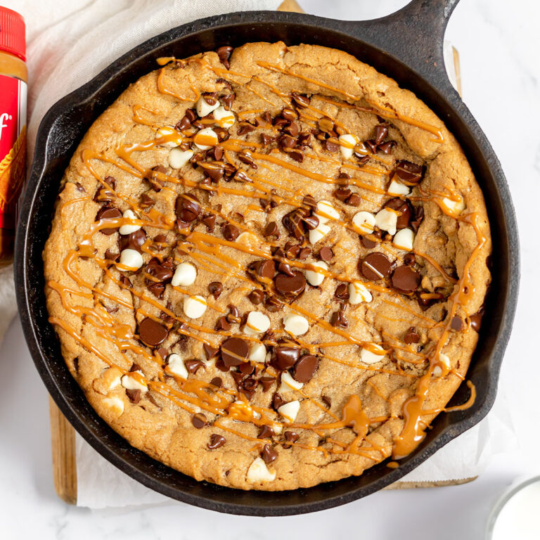 Biscoff Cookie skillet drizzled with melted biscoff cookie butter.