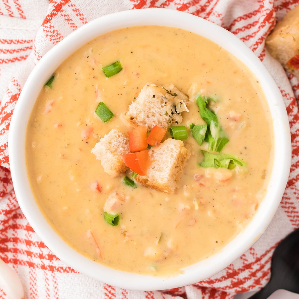 Cheese Soup served in a white bowl.