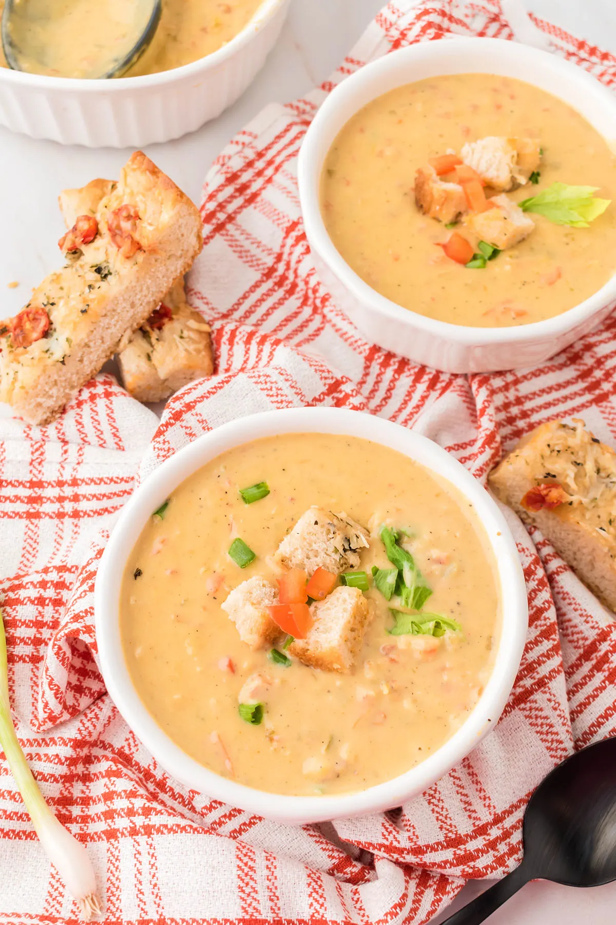 Two bowls of Cheese Soup.