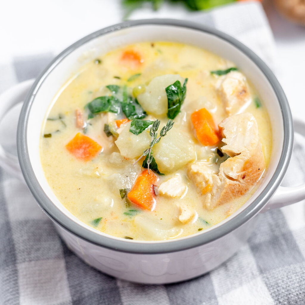 A serving of Chicken Potato Soup in a bowl.