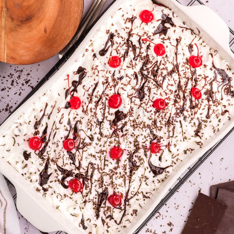 Black Forest Cake in a white baking dish.
