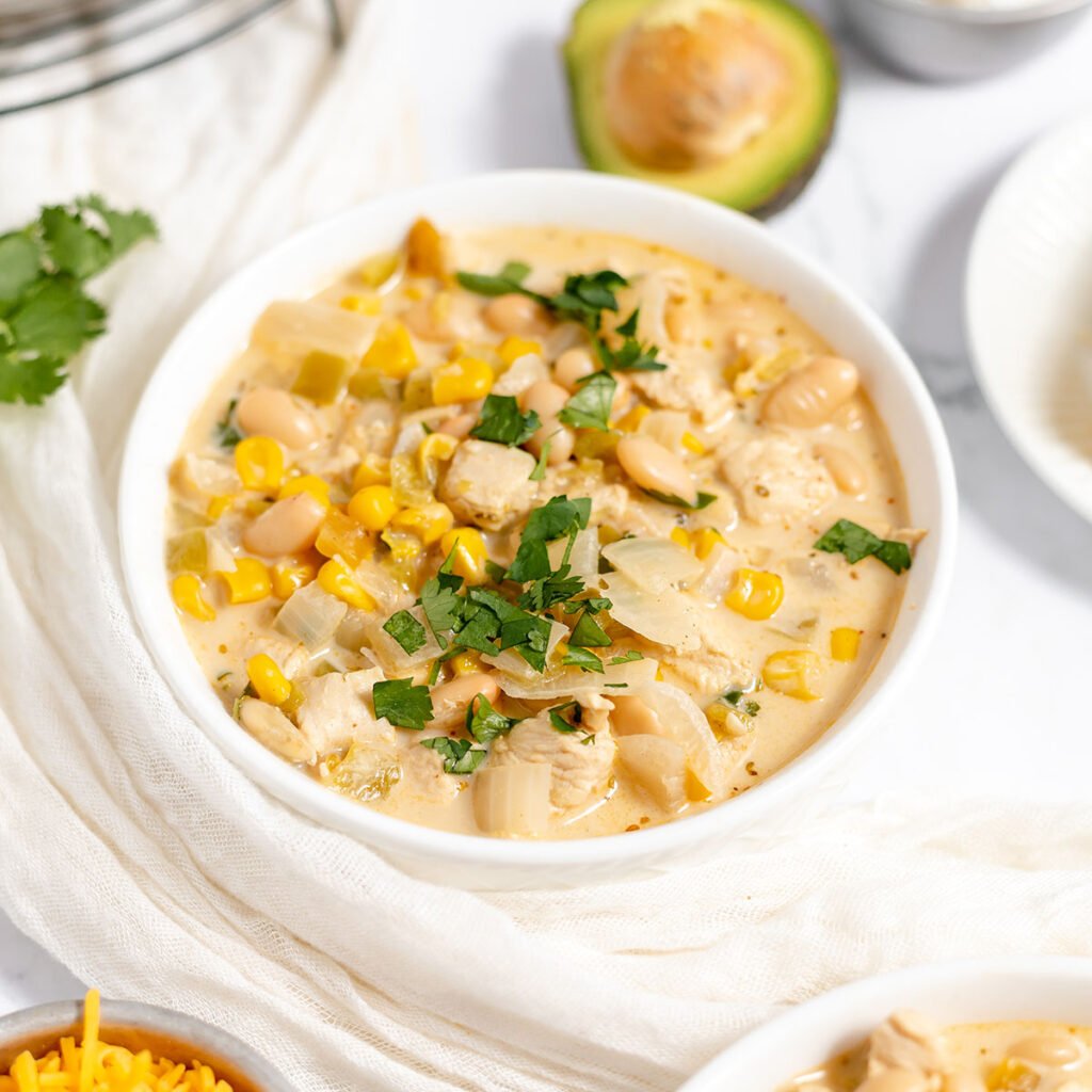 White Bean Chicken Chili served in a white bowl.