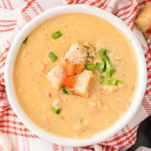 A serving of Wisconsin Cheese Soup in a white bowl.