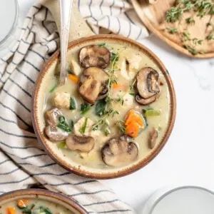 Serving of chicken mushroom soup in a bowl.