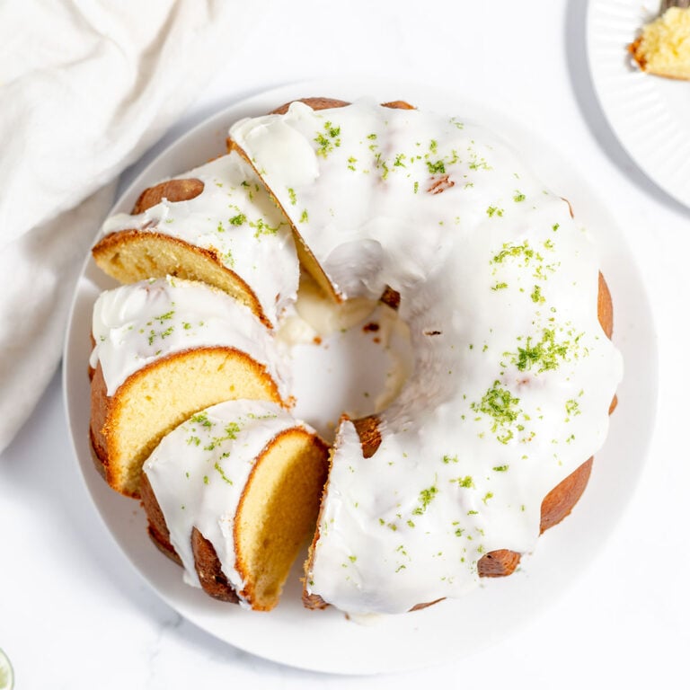 Key Lime Pound Cake on a round white serving platter.