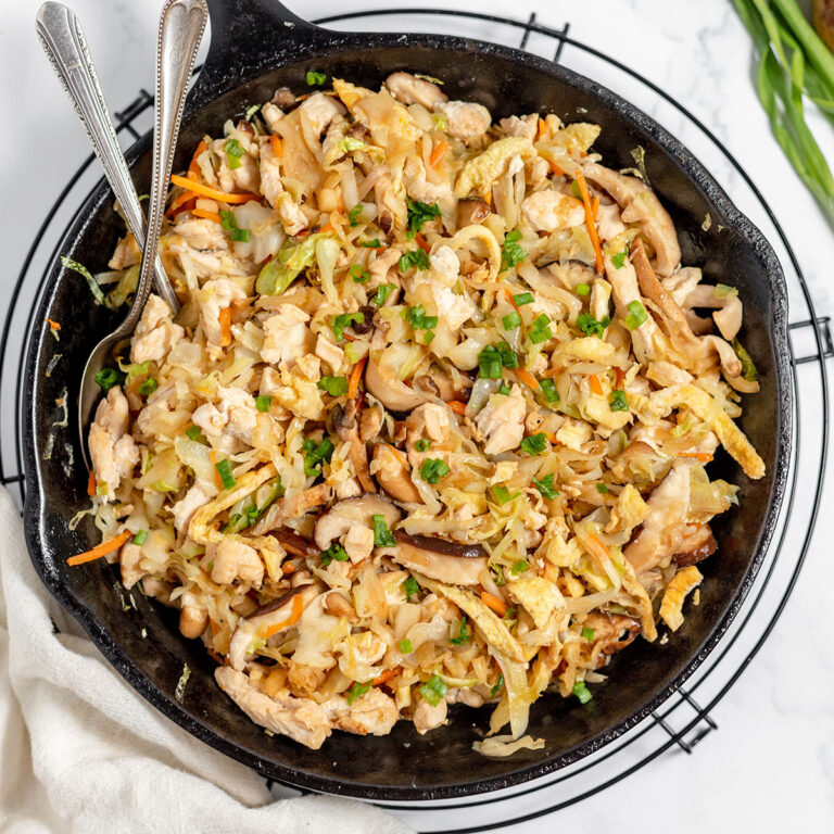 Moo Shu Chicken in cast iron skillet.