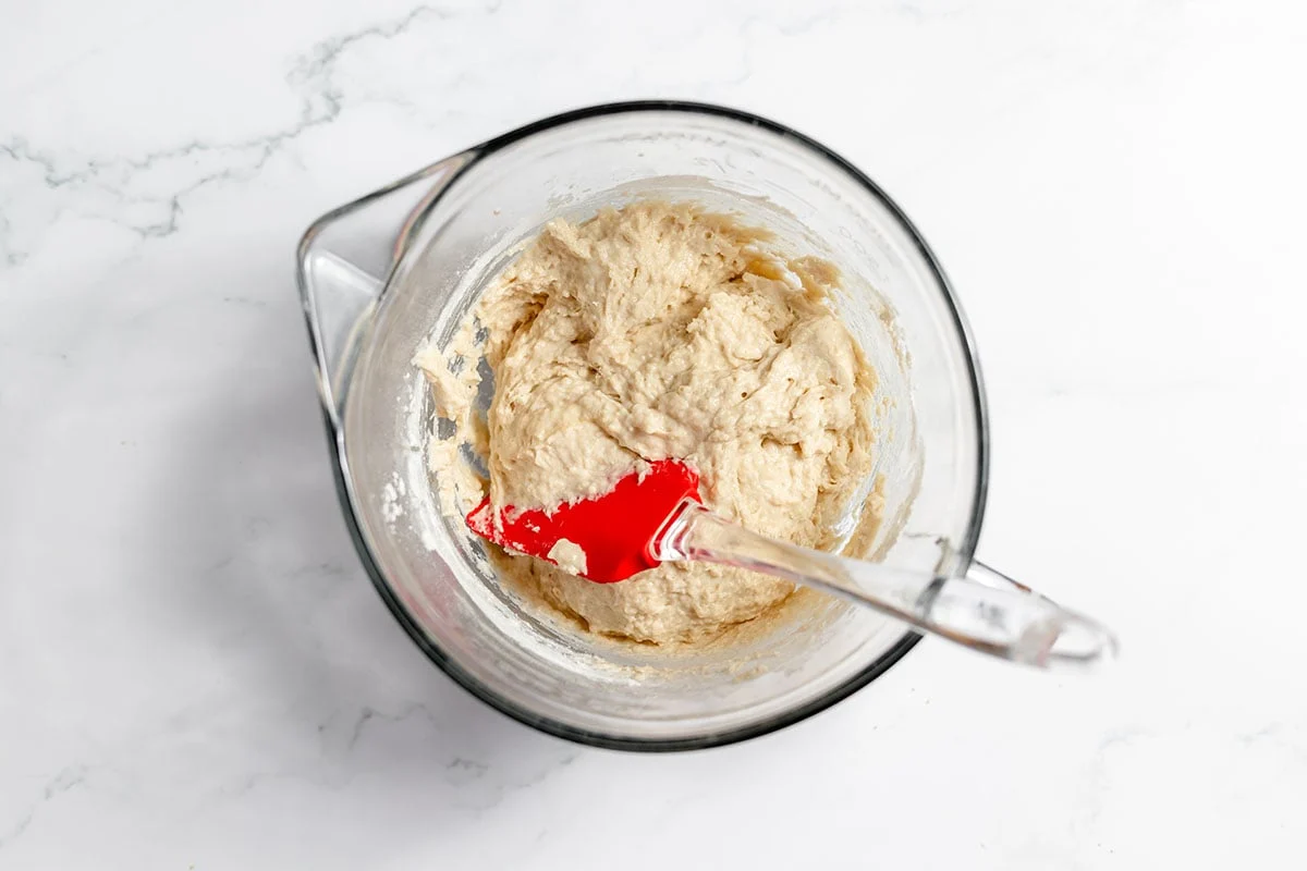 English Muffin Bread dough in a mixing bowl.