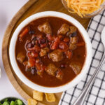 A serving of Slow Cooker Steak Chili in a bowl.