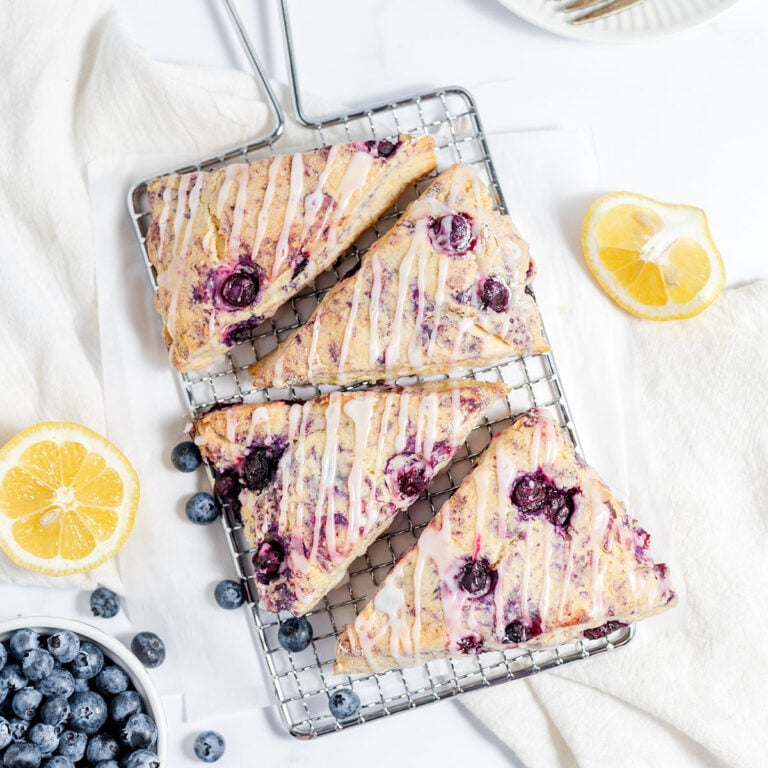 Blueberry Lemon Scones recipe on a wire rack.