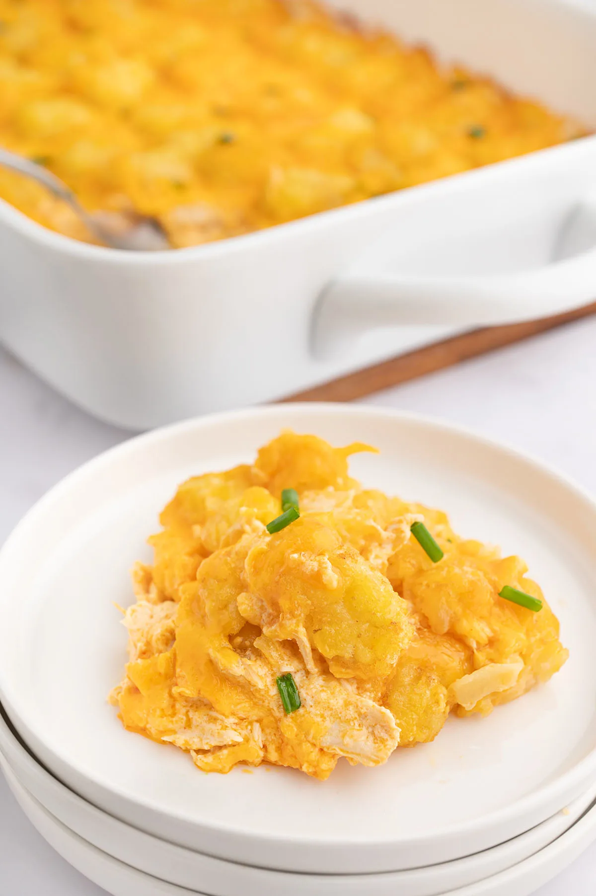 A serving of Buffalo Chicken Casserole on a white plate.