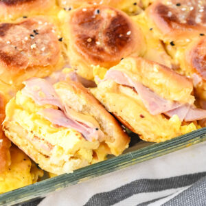 Hawaiian Roll Breakfast Sliders in baking dish.