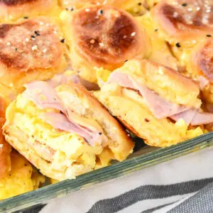 Hawaiian Roll Breakfast Sliders in baking dish.