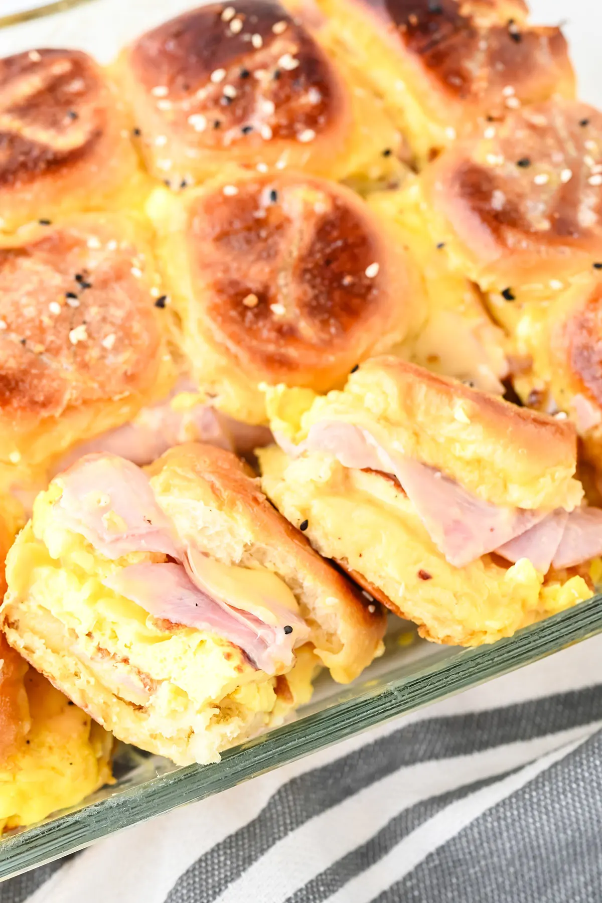 Hawaiian Roll Breakfast Sliders in glass baking dish ready to serve.