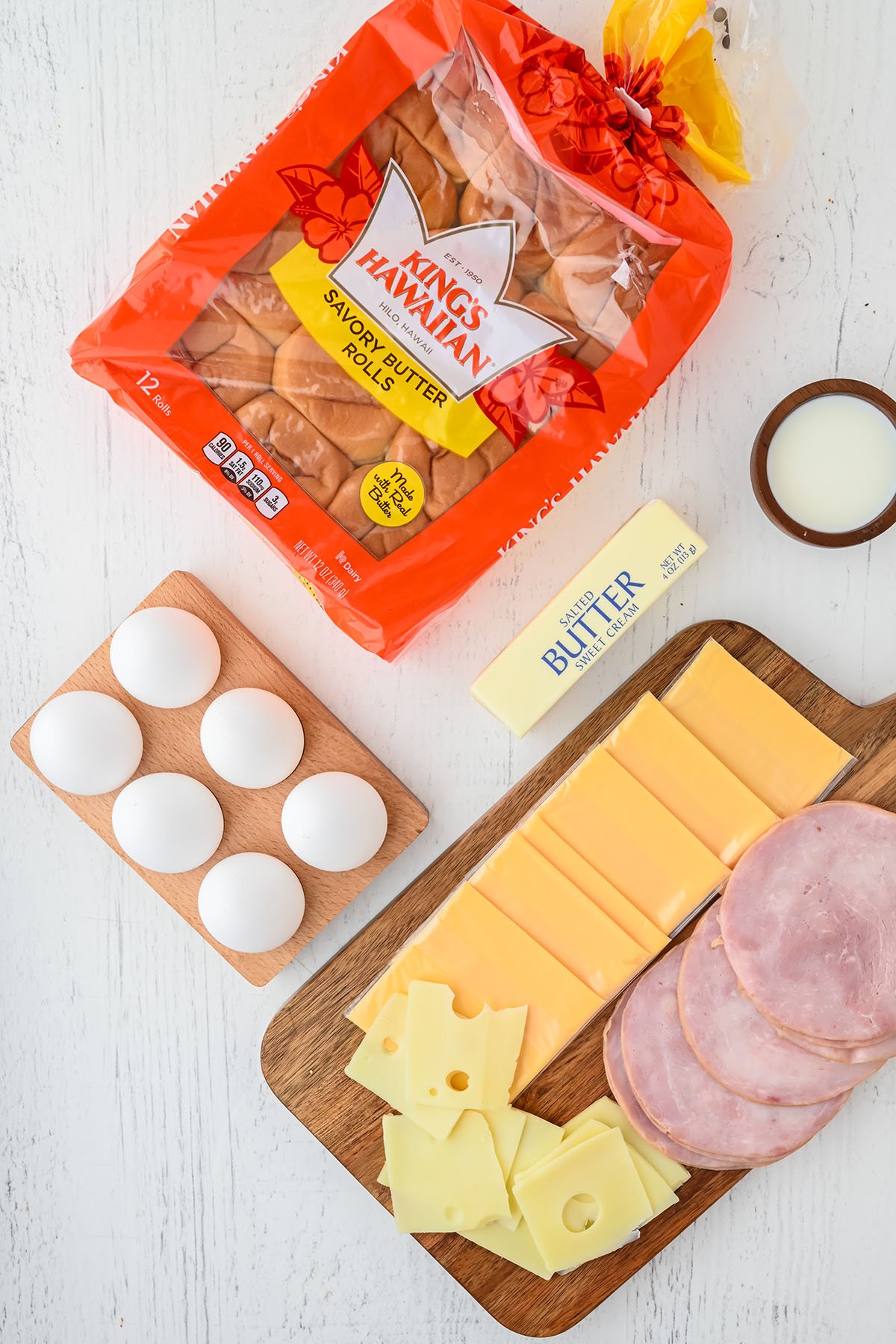 Ingredients to make Hawaiian Roll Breakfast Sliders set out on the counter.
