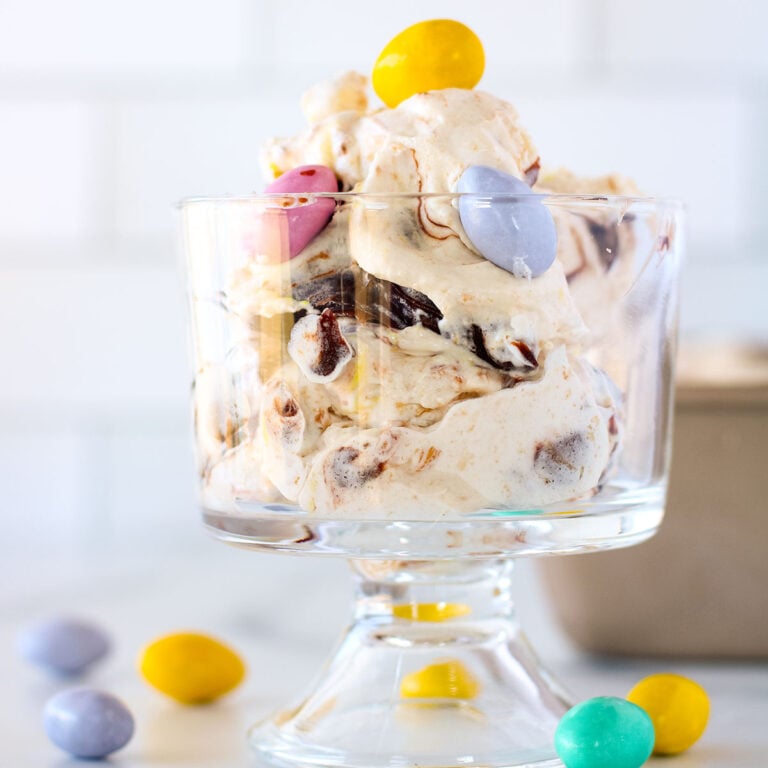 Easter Ice Cream served in a glass dessert dish.