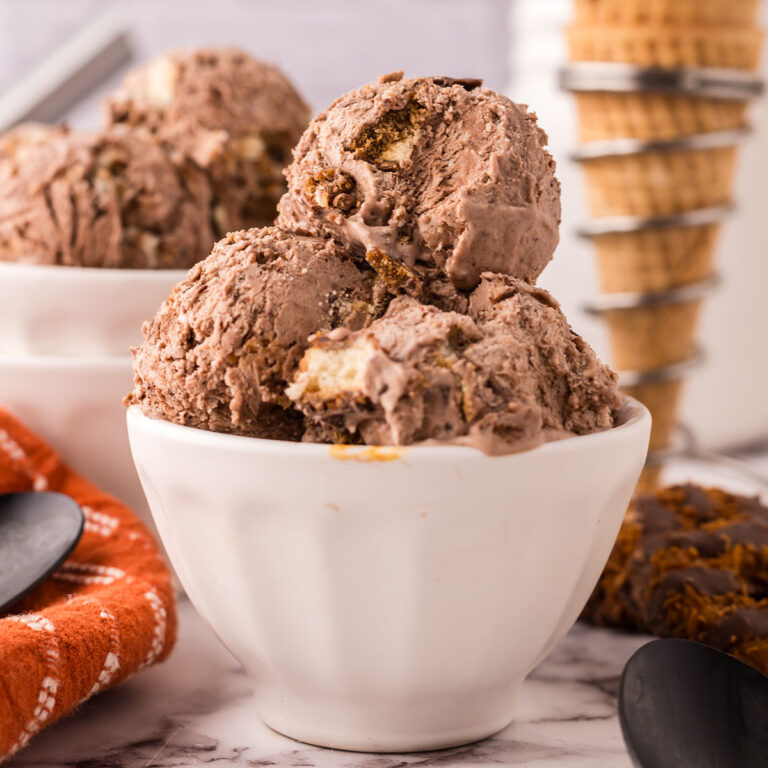 Scoops of Samoa Ice Cream in a white dessert bowl.
