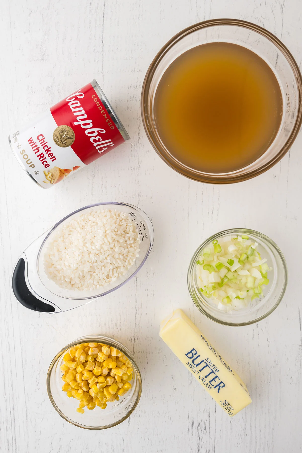 Ingredients to make corn rice set out on the counter.
