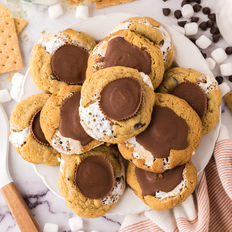 Peanut Butter S’mores Cookies on a white plate.