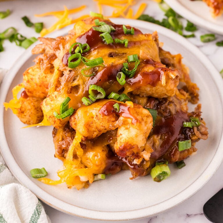 A serving of pulled pork totchos on a plate.