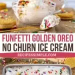 Golden Oreo Ice Cream frozen in metal loaf pan and a scoop in a glass dessert bowl.