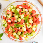 Watermelon Cucumber Salad in a large glass serving bowl.