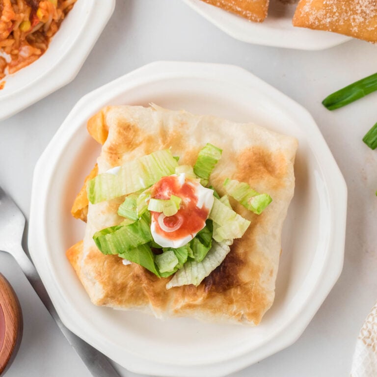 Taco Pocket topped with shredded lettuce, sour cream, and salsa on a white plate.