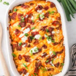 Baked Buffalo Chicken Casserole in a white casserole dish.
