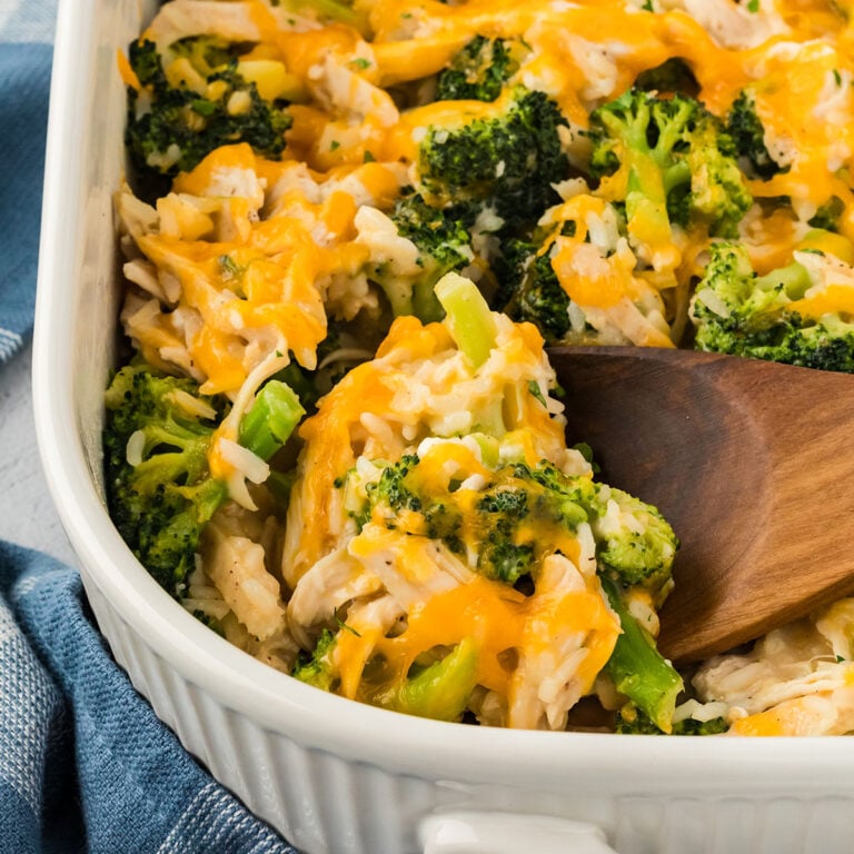 Chicken Broccoli Rice Casserole in white casserole dish.