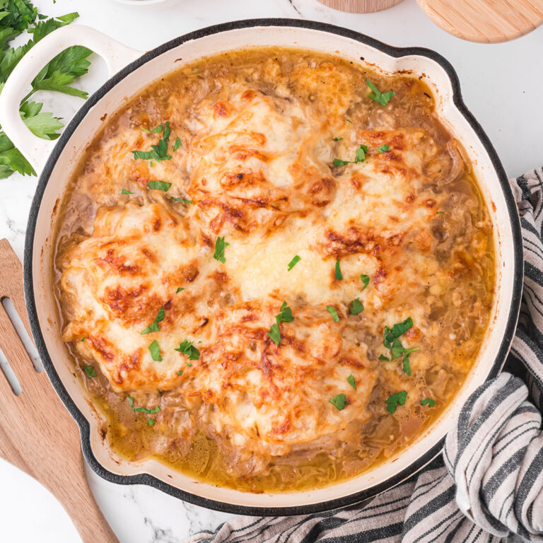 French Onion Chicken Bake in white skillet.