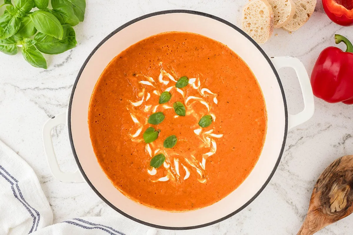 Roasted Red Pepper Soup in a large pot ready to serve.