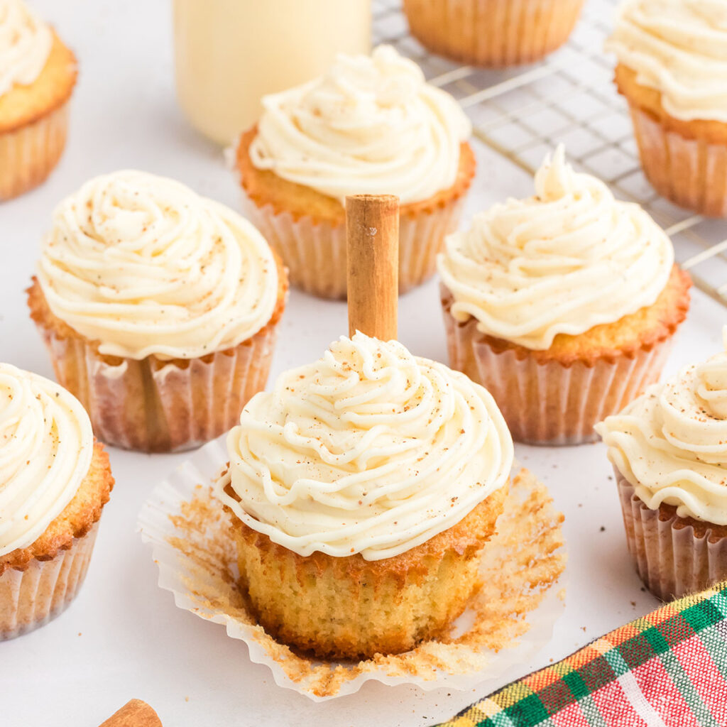 Eggnog cupcakes topped with eggnog butter buttercream.