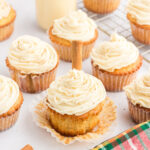 Eggnog cupcakes topped with eggnog butter buttercream.