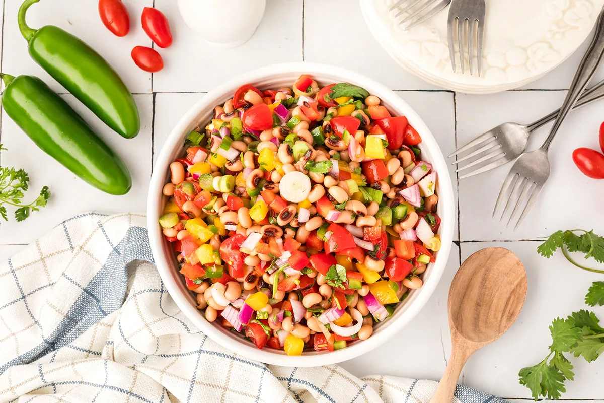 Black Eyed Pea Salad in a white serving bowl.