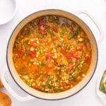 Vegetable and Barley soup in a large pot.