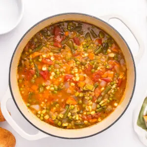 Vegetable and Barley soup in a large pot.