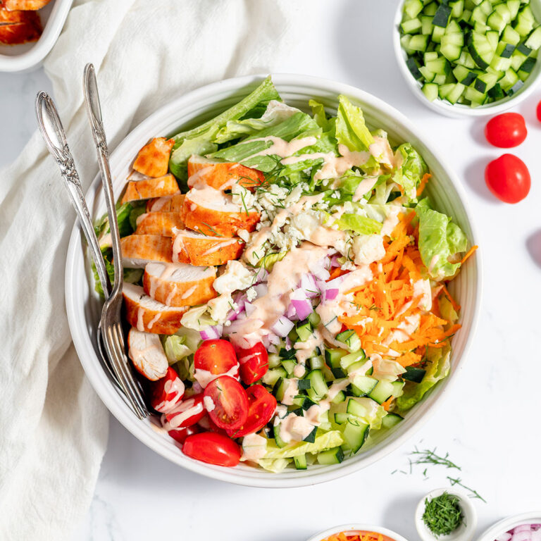 Buffalo Chicken Salad served in a white bowl.