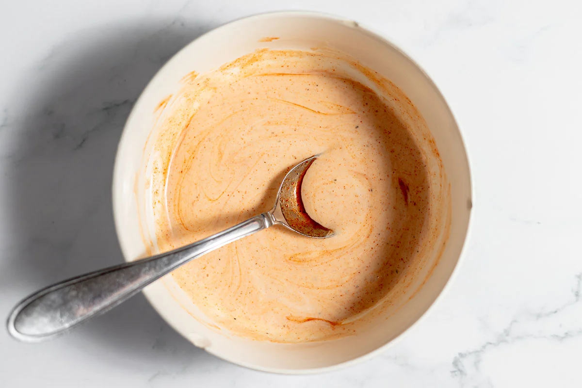 Buffalo Ranch Dressing in a white bowl.