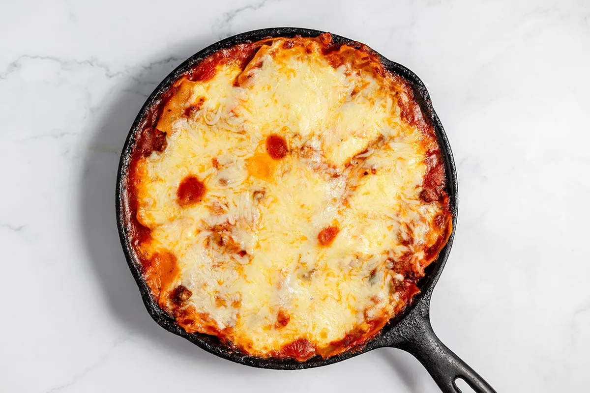 Skillet Lasagna topped with mozzarella cheese.