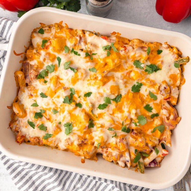 Chicken Fajita Casserole in a white baking dish.